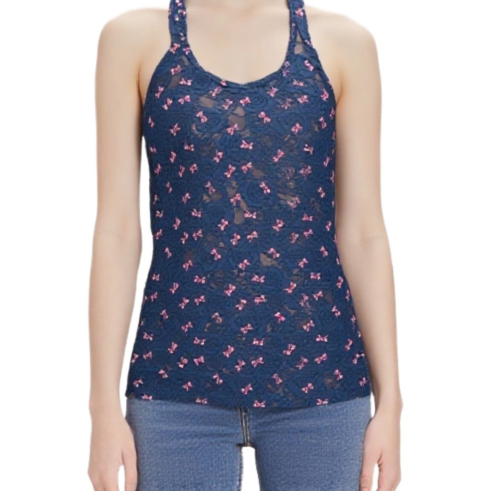 Bluenotes Navy Floral Lace Tank Top with Pink Bows Size M